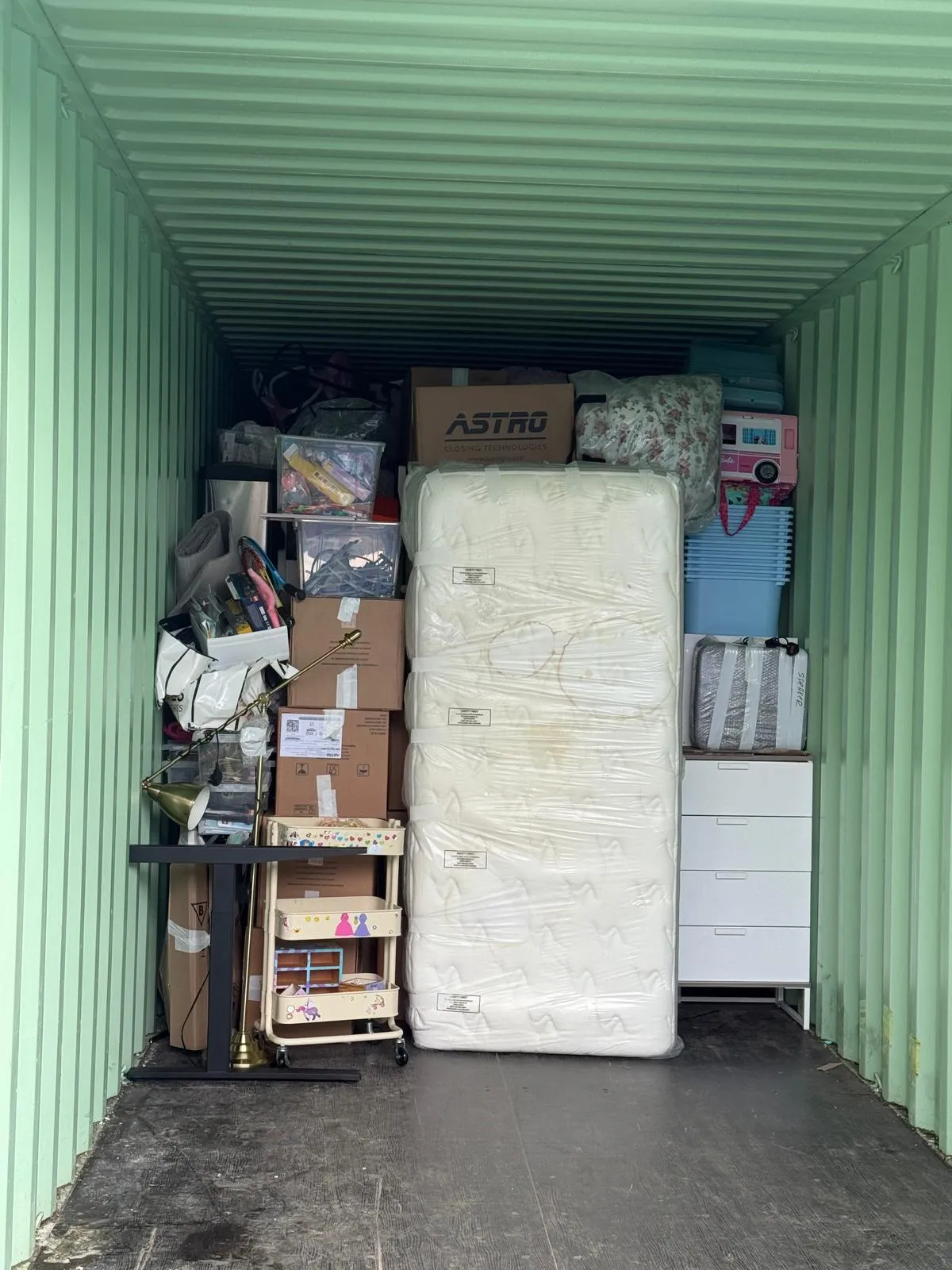 Furniture and boxes stored between two home moves